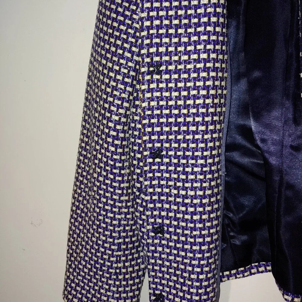 J Crew Navy 3/4 Sleeve Cropped Silk Blend Tweed Blazer Jacket Size 4